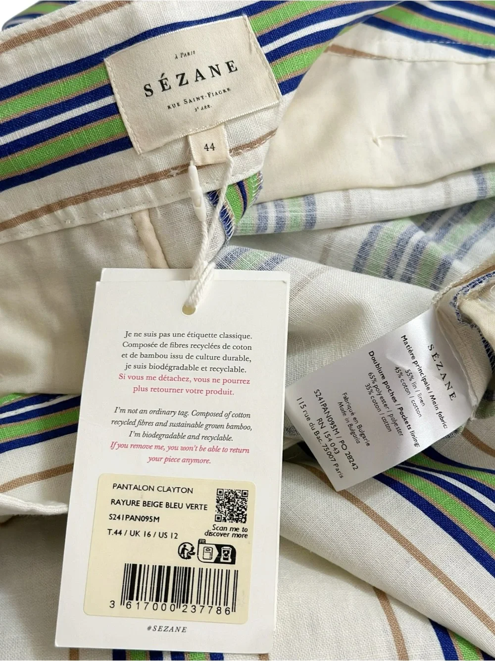 SÉZANE Clayton Linen Cotton Pants, Beige Blue Green Stripes, FR44/US12